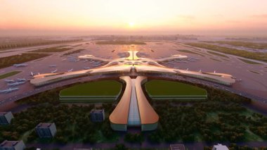 Pekin Daxing Uluslararası Havaalanı 'nın havadan görüntüsü