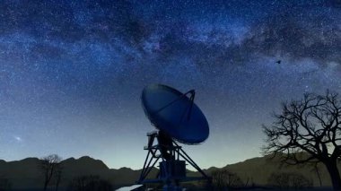 Yıldızlı gökyüzü ve Samanyolu 'nun altında radyo teleskobu