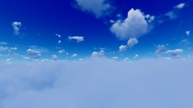 Açık mavi gökyüzünde ve beyaz bulutlarda uçuyor