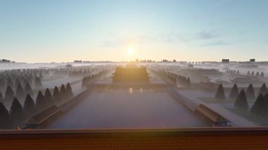 Pekin, Çin 'deki Yasak Şehir binalarının üzerinde sabahın erken doğuşu