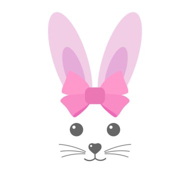 Beyaz arka planda pembe kurdeleli şirin bir tavşanın resmi.