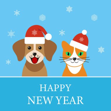 Mutlu yıllar. Noel Baba şapkalı kedi ve köpek mavi arka planda kar taneleri var.