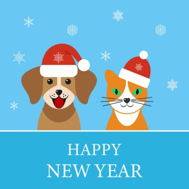 Mutlu yıllar. Noel Baba şapkalı kedi ve köpek mavi arka planda kar taneleri var.