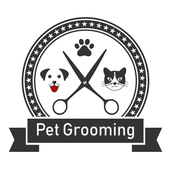 Emblema Taglio Capelli Cane Gatto Salone Cerchio Con Stelle Banner — Vettoriale Stock