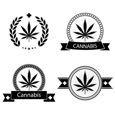 İllüstrasyon seti tıbbi marihuana ve kenevir logosu, beyaz arka planda pankartıyla daire şeklinde yaprak