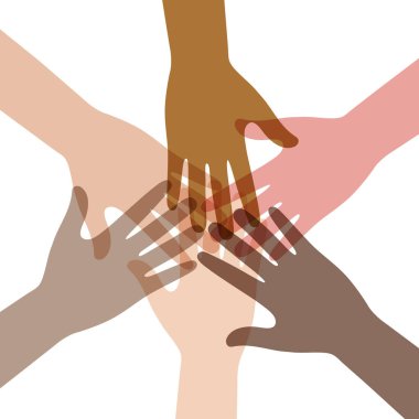 Farklı ulusların birlik ve takım çalışmasının gösterimi. Bir grup insan el ele tutuşuyor..