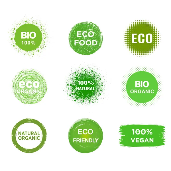 Conjunto Eco Bio Producto Vegano Alimentos Orgánicos Etiquetas 100 Naturales — Vector de stock