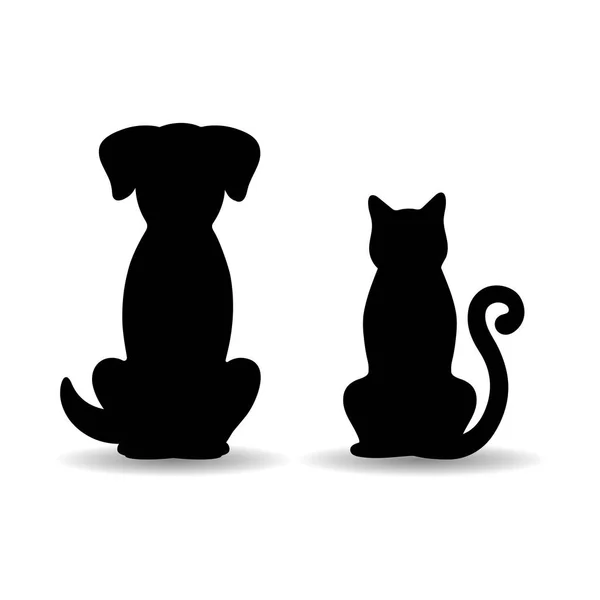 Illustration Svarta Silhuetter Hund Och Katt Med Skugga Vit Bakgrund — Stock vektor