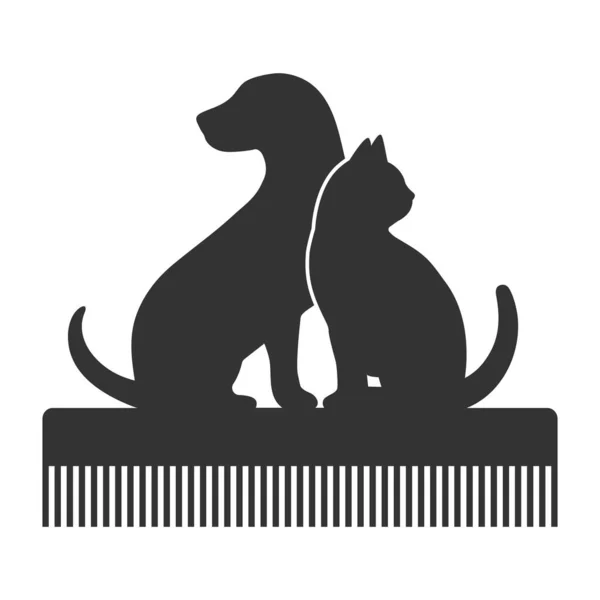 Illustrazione Logo Salone Pet Grooming Silhouette Cane Gatto Pettine Taglio — Vettoriale Stock