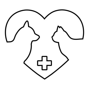 Veteriner logosu çizimi. Kalp geçmişi üzerinde sağlık haçı olan kedi ve köpekler.