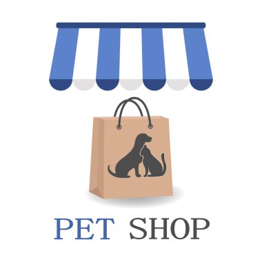 Pet Shop logo tasarım şablonu. İçinde kedi ve köpek resmi olan bir paket. 