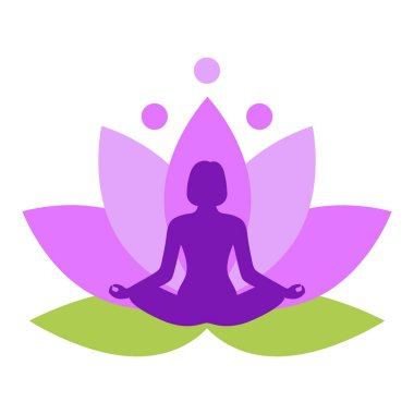 Pembe nilüfer arkaplan üzerinde meditasyon yapan bir kadının resmi.