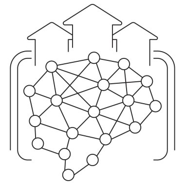 Yapay Zeka Modeli Çıkarımı ve Çıktı Ölçekleme Simgesi. Şeffaf bir arkaplanda ince siyah çizgileri olan bir vektör resmi. Hat kalınlığı düzenlenebilir. Yukarı doğru oklu bir ağ grafiği içeriyor, model tahminlerinin oluşumunu ve ölçeklenmesini sembolize ediyor
