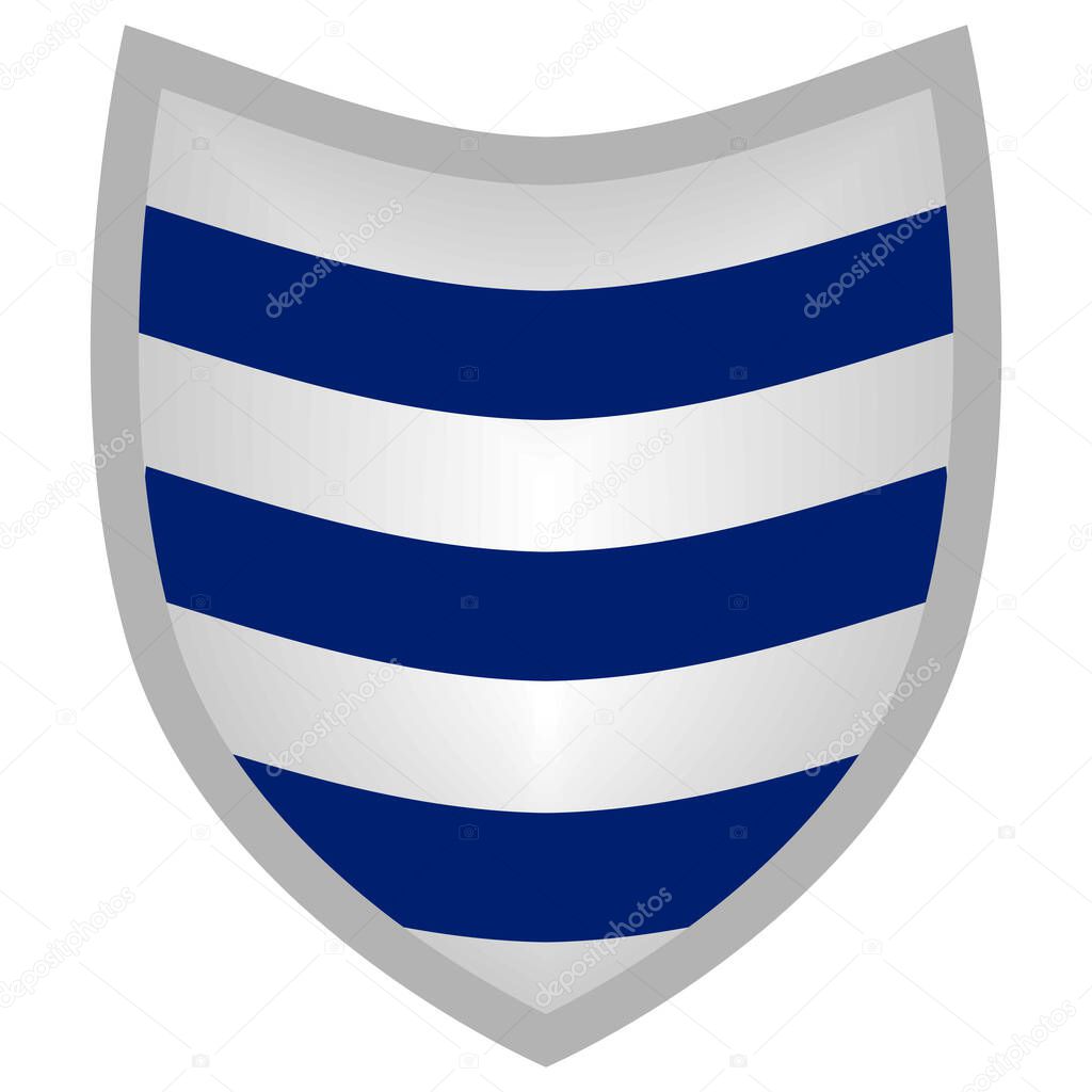 Isolated vector icon of a classic medieval shield with horizontal blue and silver stripes. This heraldic striped crest is a clean emblem ideal for security, sports logos, or game UI assets