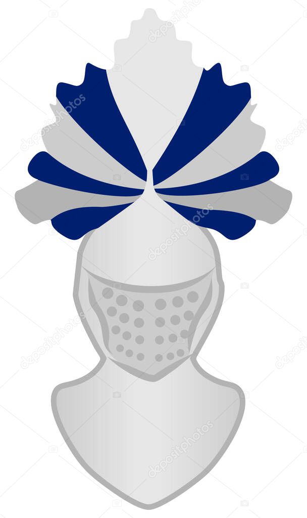 Isolated vector icon of a stylized medieval knight's helmet with a decorative blue and silver plume. This classic crusader-style headpiece is perfect for rank symbols, gaming UI, and heraldic emblems