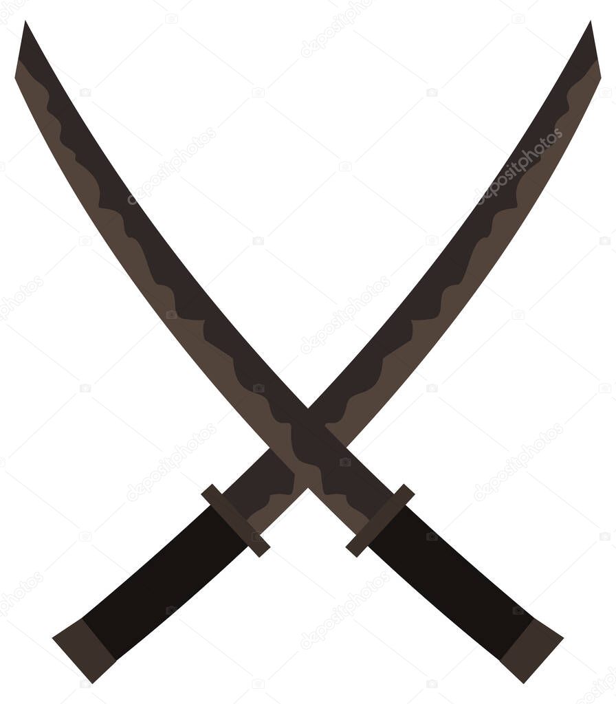 Isolated vector icon of two crossed Japanese curved swords (Katanas or Ninjato). This iconic martial arts symbol is ideal for ninja and samurai combat emblems, dojo logos, and game UI