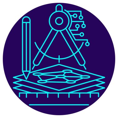 Al Mimari Tasarım ikonu. Yuvarlak mavi arkaplanda ince çizgi çizimi. Pusula ve araçlar bir yapay zeka yapısını tasarlamak ve planlamak için kullanılır (sinirsel ağ).)