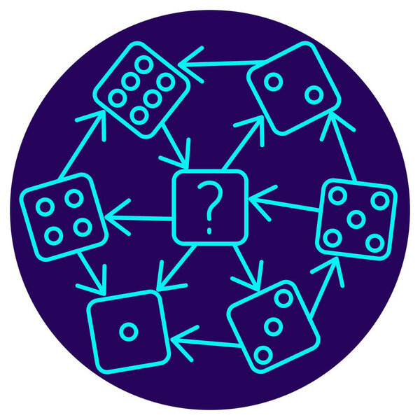 Probabilistic Modeling AI icon. Vector thin line illustration on a round dark blue background. Dice and question mark symbolize randomness, simulation, and decision-making in uncertain, cyclical systems