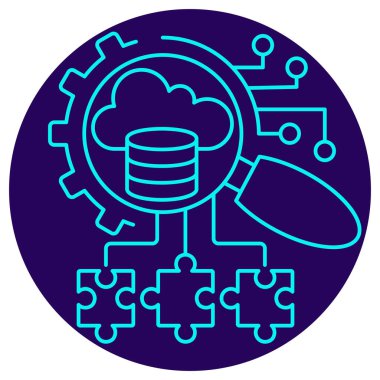 Kompleks Yapay Zeka Problem Çözme simgesi. Yuvarlak mavi arkaplanda ince çizgi çizimi. Akıllı (dişli) tanı (büyüteç) için parçalanmış bilginin (bulmacalar) birleştirilmesinin analitik sürecini sembolize eder)