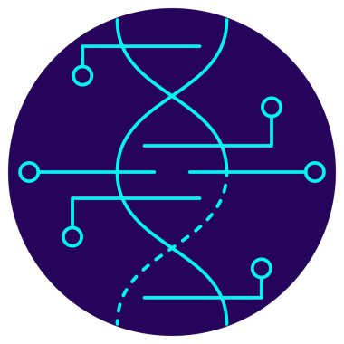 Biyoenformatik yapay zeka simgesi. Yuvarlak mavi arkaplanda ince çizgi çizimi. DNA sarmalları ve dijital devreler, analiz için genetik, hesaplama ve yapay zekanın kesişimi sembolize eder.