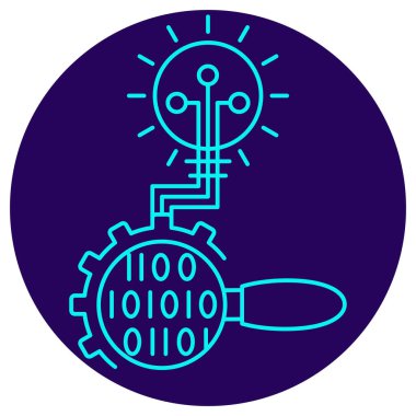 Al-Power Bilgi Discovery ikonu. Yuvarlak mavi arkaplanda ince çizgi çizimi. Büyüteç ve dişli dijital verileri (ikili kod) analiz ederek entellektüel içgörü oluşturur (ampul).)