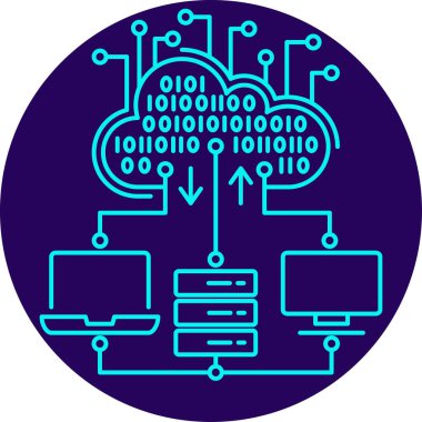 AI Veri Bulutu simgesi. Yuvarlak mavi arkaplanda ince çizgi çizimi. Çeşitli istemci aygıtları tarafından erişilen bir bulut platformunda ikili verilerin depolanması ve akıllı işleyişini simgeler