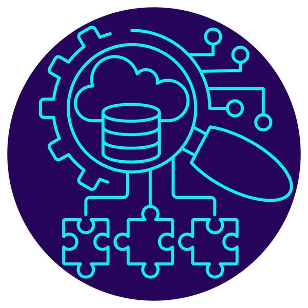 Kompleks Yapay Zeka Problem Çözme simgesi. Yuvarlak mavi arkaplanda ince çizgi çizimi. Akıllı (dişli) tanı (büyüteç) için parçalanmış bilginin (bulmacalar) birleştirilmesinin analitik sürecini sembolize eder)
