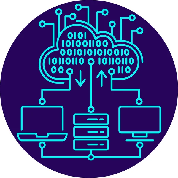 AI Veri Bulutu simgesi. Yuvarlak mavi arkaplanda ince çizgi çizimi. Çeşitli istemci aygıtları tarafından erişilen bir bulut platformunda ikili verilerin depolanması ve akıllı işleyişini simgeler