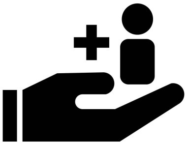 Bir elin siyah vektör simgesi şeffaf bir arkaplanda artı işareti olan bir insan figürü sunuyor. Bankacılık ve finans uygulamalarında mali yardımı, müşteri yardımını, kullanıcı büyümesini, hizmet değerini ve müşteri desteğini simgeler