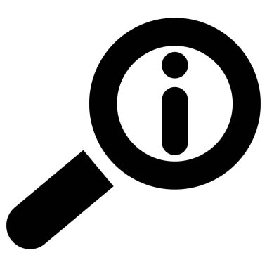 Şeffaf arkaplanda i sembolü olan bir büyüteçin siyah vektör simgesi. UI / UX tasarımında arama, analiz, yardım, detay, soruşturma ve veri araştırması için temel sembol