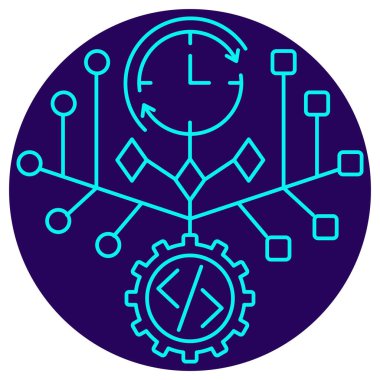 MLOps Model Yönetim simgesi. Yuvarlak mavi arkaplanda ince çizgi çizimi. Otomatik zaman tabanlı döngüler (saat) aracılığıyla AI kodunun (dişli) yaşam döngüsü ve sürüm denetimi (dallanma) simgeler)