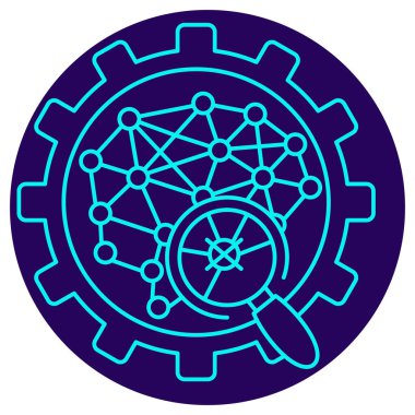 Al Model Teşhis simgesi. Yuvarlak mavi arkaplanda ince çizgi çizimi. Bir yapay zeka modelinin mantığını saptamak ve kontrol etmek için kullanılan detaylı denetim (büyüteç) ve mekanizmasını sembolize eder