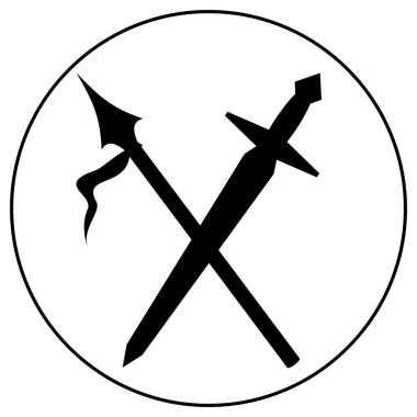 Çapraz kılıç ve mızrak silueti içeren siyah yuvarlak bir ikon, savaşı, onuru ve tarihi simgeliyor. Oyun, ordu, spor ve macera temalı logolar için ideal vektör rozeti