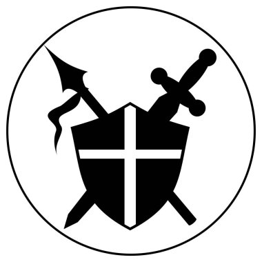 Üzerinde haç, kılıç ve mızrak olan siyah yuvarlak bir ikon korunmayı, inancı ve ortaçağ şövalyeliğini simgeliyor. Tarihi veya fantezi oyun logoları için ideal bir vektör rozeti