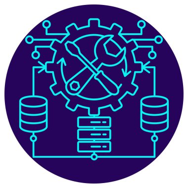 Al Ops Altyapı Bakım ikonu. Yuvarlak mavi arkaplanda ince çizgi çizimi. Veri depolama ve sunucu sistemlerinin (AI devreleri, dişliler) hizmet ve optimizasyonunu sembolize eder