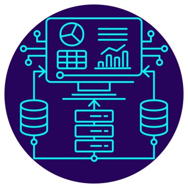 AI İş Zekası (AI BI) simgesi. Yuvarlak mavi arkaplanda ince çizgi çizimi. Görsel iş anlayışları oluşturmak için depolama ve sunucu sistemlerindeki verilerin akıllı analizini sembolize eder