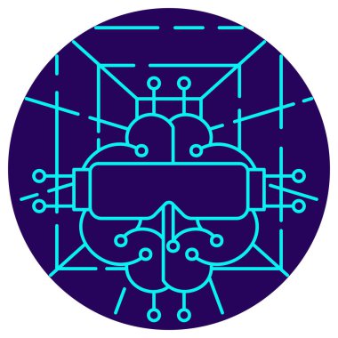 Akıllı Simülasyon ikonu. Yuvarlak mavi arkaplanda ince çizgi çizimi. Verileri karmaşık, sanal 3D ortamlar (VR kulaklık, ızgara) içinde yaratmak, yönetmek ve işlemek için bir yapay zeka beyninin kullanımını sembolize eder)