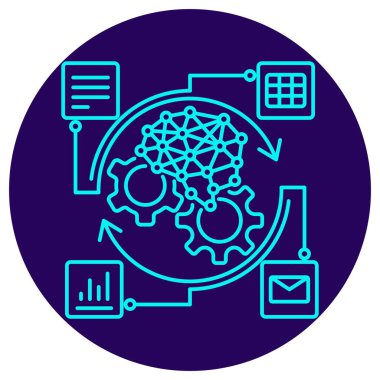 AI İş Süreç Otomasyonu (AI BPA) simgesi. Yuvarlak mavi arkaplanda ince çizgi çizimi. Veri işleme ve iletişiminin sürekli döngüsünü otomatikleştiren akıllı bir çekirdeği (AI ağı, dişliler) sembolize eder