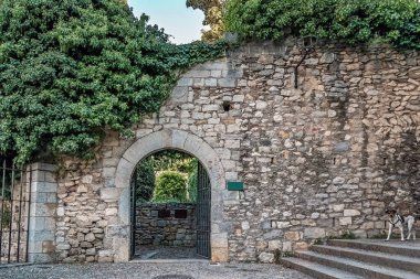 İspanya 'nın Girona kentindeki Jardins de la Francesa' ya giden demir kapılı antik taş kemer yolu yeşil bir işaretle. Ortaçağ duvarında kırsal bir duvar var, küçük bir köpek sağa doğru taş basamaklarda duruyor, resim gibi bir sahne yaratıyor.