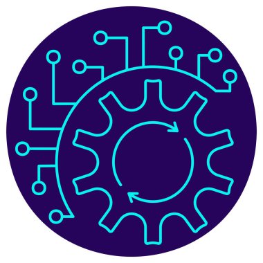 AI Süreç Otomasyon simgesi. Yuvarlak mavi arkaplanda ince çizgi çizimi. Optimizasyon ve sistem yönetimi için sürekli bir döngü (oklar) veya iş akış mekanizması (dişli) üzerindeki akıllı denetimi (devreleri) simgeler