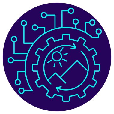 Yapay Zeka Çevre İzleme simgesi. Yuvarlak mavi arkaplanda ince çizgi çizimi. Ekoloji ve sürdürülebilirlik için doğal döngülerin akıllı kontrol (devreler) ve optimizasyonunu (dişliler) sembolize eder