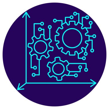 AI Endüstriyel Robot ikonu. Yuvarlak mavi arkaplanda ince çizgi çizimi. Üretim ve robot bilimiyle ilgili ölçülmüş bir 3 boyutlu uzayda karmaşık süreçler üzerinde akıllı denetimi (devreleri) sembolize eder.