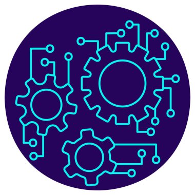 Yapay zeka sistemi entegrasyon simgesi. Yuvarlak mavi arkaplanda ince çizgi çizimi. Akıllı denetimi (devreler) ve karmaşık, çok aşamalı mekanik veya dijital süreçlerin koordinasyonunu sembolize eder (birbirine bağlı dişliler))