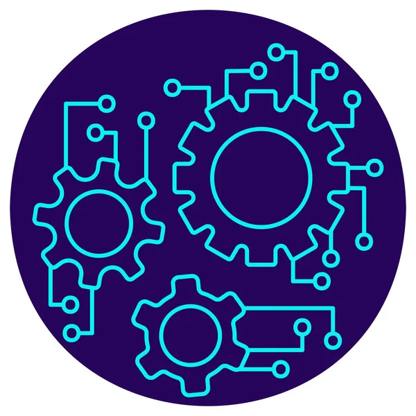 Yapay zeka sistemi entegrasyon simgesi. Yuvarlak mavi arkaplanda ince çizgi çizimi. Akıllı denetimi (devreler) ve karmaşık, çok aşamalı mekanik veya dijital süreçlerin koordinasyonunu sembolize eder (birbirine bağlı dişliler))