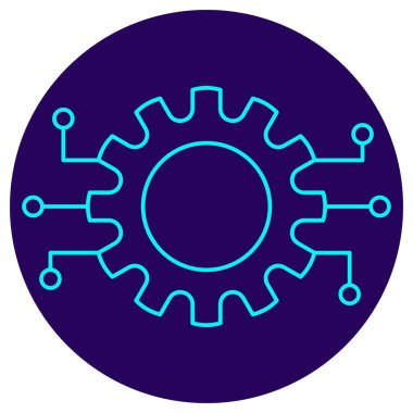 Akıllı Otomasyon Simgesi. Koyu mavi yuvarlak arka planda minimalist neon çizgiler. Yapay zeka odaklı süreç optimizasyonu ve sistem yapılandırmasını sembolize eden, dijital bir devreye bağlı bir dişli mekanizmasını tasvir eden şık bir vektör çizimi