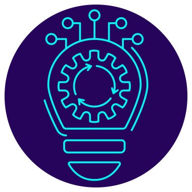 Bilgi Üretim Döngüsü Simgesi. Koyu mavi yuvarlak arka planda minimalist neon çizgiler. Döngüsel dişli mekanizma içeren bir ampulün stil vektör çizimi, yapay zeka güdümlü sürekli öğrenme ve yeniliği sembolize eder