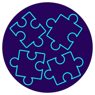 Problem Meydan Okuma Simgesi Koyu mavi yuvarlak arka planda minimalist neon çizgiler. Karmaşık görevleri, parçalanmış verileri ve entegrasyon gerektiren bileşenleri sembolize eden dört ayrı yapboz parçasının şık bir vektör çizimi