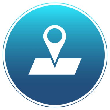 Modern GPS Konum Simgesi: Çemberin içindeki bir harita tabanında vektör pimi, dinamik mavi bir gradyan içerir. Mobil navigasyon uygulamaları, coğrafi izleme hizmetleri, seyahat platformları ve dijital harita arayüzleri için ideal