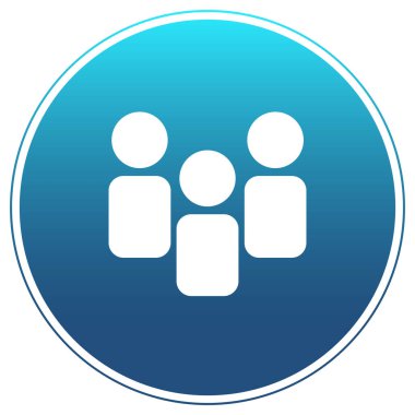 Modern Takım Çalışması Simgesi: Mavi-cyan gradyan arka planına sahip üç kişilik bir grubun vektör simgesi. Toplum, takım, kullanıcılar, sosyal ağ ve kurumsal HR arayüzleri ve uygulamaları için ideal