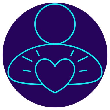 İnsan Faktörü Simgesi. Koyu mavi yuvarlak arka planda minimalist neon çizgiler. Parlak kalpli bir insan siluetinin vektör çizimi. Teknoloji ve iş dünyasındaki temel değerler, empati, müşteri-merkezcilik ve duygusal zeka (EQ)